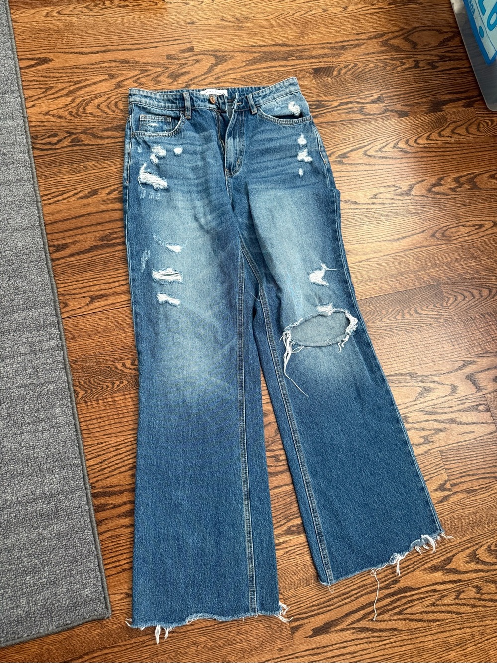 Women’s Flying Monkey Distressed Medium Blue Wide Leg Jeans size 28 zip up